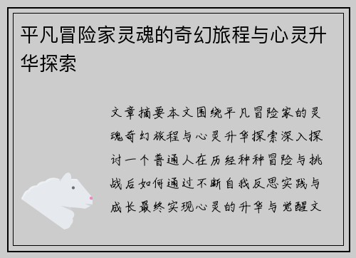 平凡冒险家灵魂的奇幻旅程与心灵升华探索